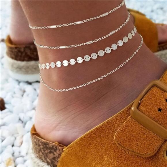 Gold Chain Anklet,14k Gold/Silver Plated Dainty Disc EvilEye Summer Beach Anklet - Picture 3 of 7